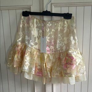LoveShackFancy Cream and Pink Floral Mini Skirt